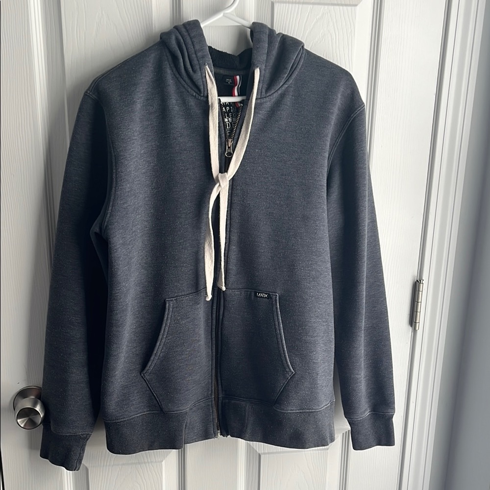 Gray Zip-Up Hoodie with White Drawstrings
